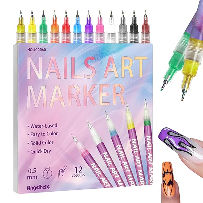 12 Colors Nail Art Pens Set, 0.5 MM Quick Dry Nail Art Markers Acrylic Paint Pens Kit for Graffiti Dotting Drawing Painting Nail Point, Nail Art Design Decoration Nail DIY Polish Pens-Style B