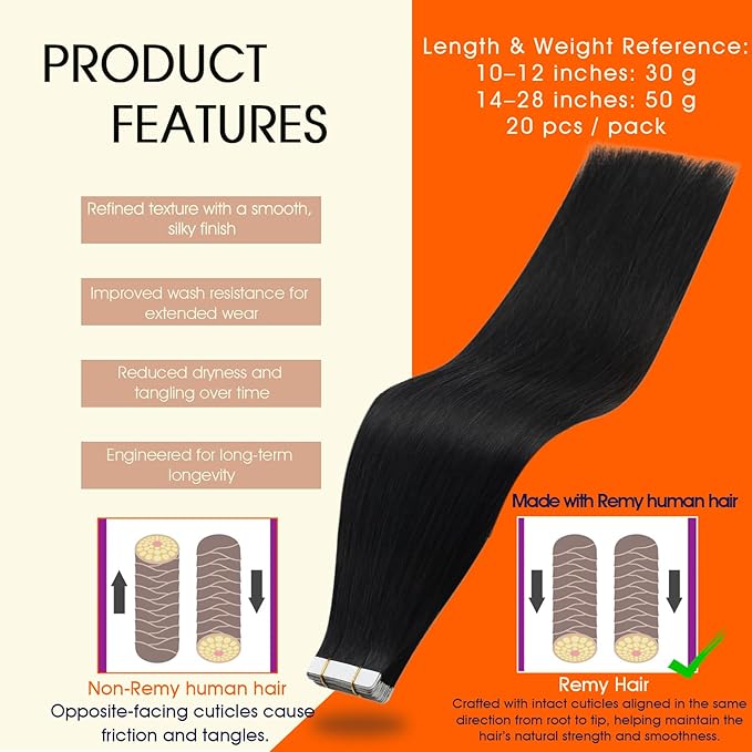 Full Shine Tape in Hair Extensions Remy Hair 20Inch Seamless Invisible Tape in Extensions Human Hair Color 1B Off Black Hair Extensions Silky Straight Real Human Hair Adhesive Extensions 50G 20Pcs