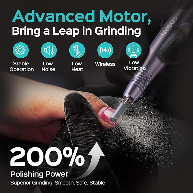 COSLUS Electric Cordless Nail Drill: Professional Nail File with LED Screen & 25 Speeds for Acrylic Gel Dip Powder Removal, Beginner-Friendly for Home DIY & Salon, Portable for Travel, C51, Purple