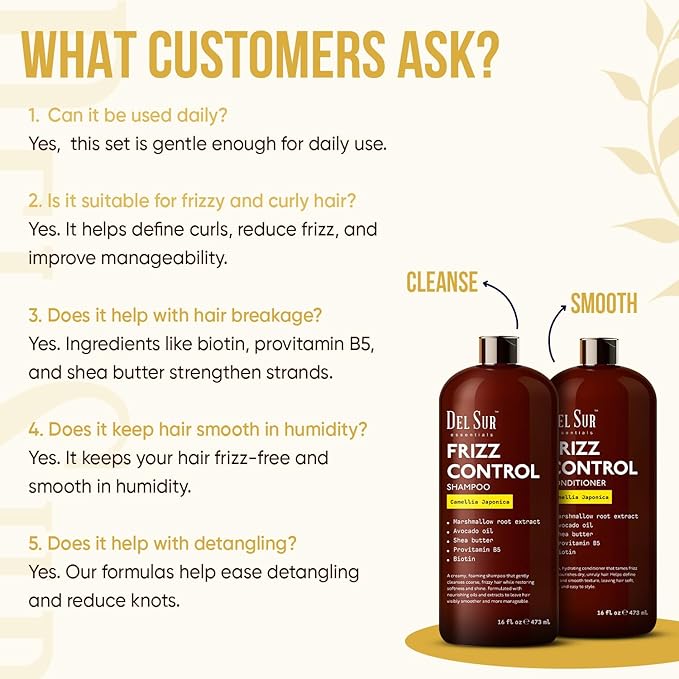 DEL SUR Frizz Control Shampoo and Conditioner Set | 16 fl oz Each | with Camellia Japonica, Shea Butter & Avocado Oil | Smoothing & Anti Frizz for Curly, Wavy & Straight Hair