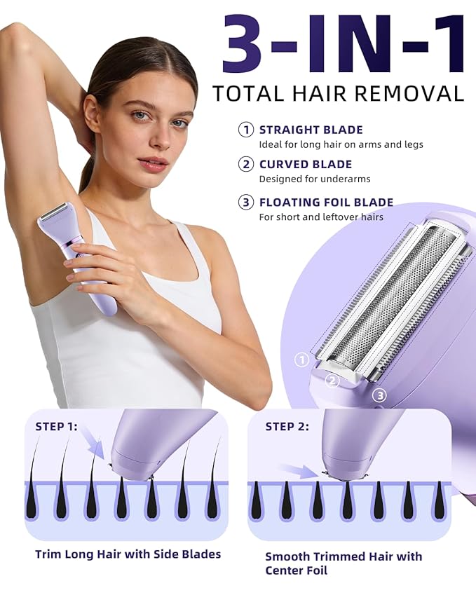 Ufree Bikini Trimmer Electric Razors for Women, Rechargeable Pubic Body Hair Trimmer Electric Shaver for Legs Body Hair, Bikini Shaver IPX7 Waterproof, Gifts for Women, Purple