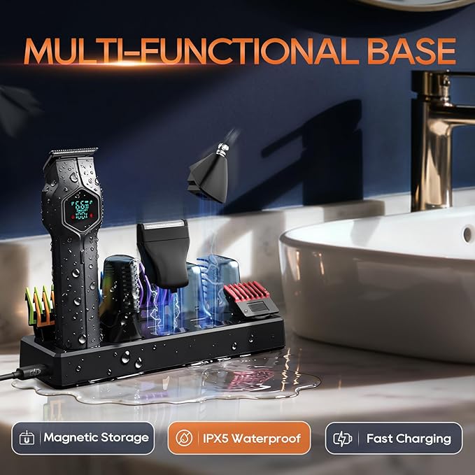 Beard Trimmer for Men, Magnetic Snap-on Replacement Heads & Charging Dock, IPX7 Waterproof Cordless Hair Clippers, Mens Grooming Kits for Mustache/Body/Face/Ear/Nose, Gray