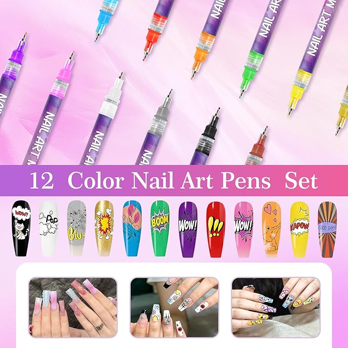 12 Colors Nail Art Pens & Nail Art Markers Set, Nail Polish Pens for Nail Painting, Art Design and Decorations, for Both Children and Adults