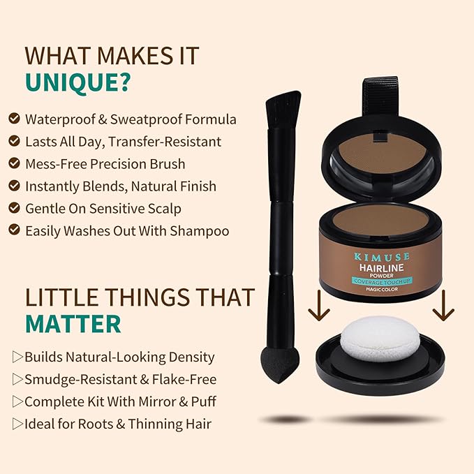 KIMUSE Hairline Powder, Root Touch Up Hair Color, Instantly Conceals Hair Loss, Bald Spot Thin Hair Powder with Dual-ended Hairline Brush for Women and Men, Transfer-proof & Sweat-proof