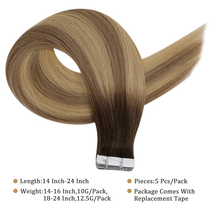 Full Shine Virgin Tape in Hair Extensions Injection Tape ins Extensions Color 3/8/22 Balayage Tape ins Human Hair 20Inch Seamless Invisible Hair Extensions 12.5Gram Straight Real Human Hair 5Pcs