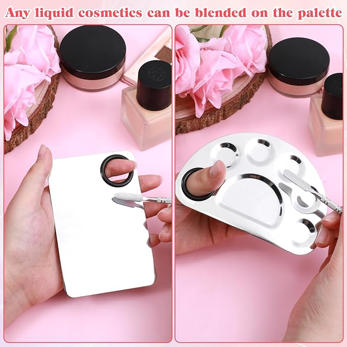 2 Set Makeup Mixing Palette with Spatula, Nail Art Palette Professional Makeup Palettes Tray Stainless Steel Cosmetic Artist Tool for Mixing Foundation Eye Shadow Eyelash Nail Art