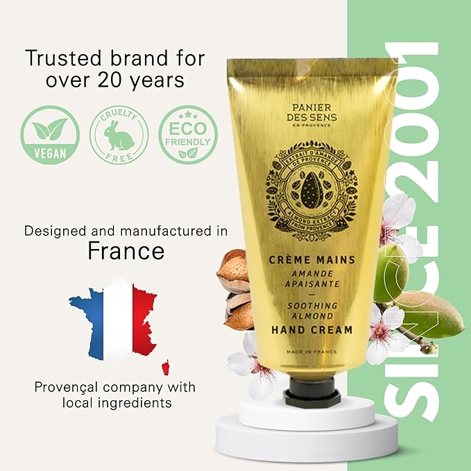 Panier des Sens Almond Hand Cream - Nourishing Shea Butter Hand Cream for Dry Cracked Hands 97% Natural Ingredients - Dermatologically Tested Hand Lotion for Woman Made in France, 2.5 fl oz