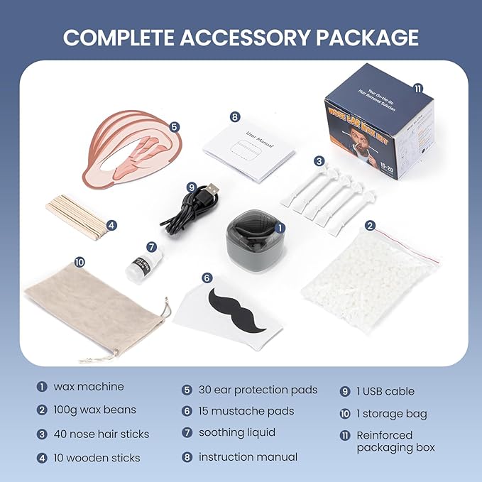 Nose Wax Kit Men, Mini Wax Warmer for Hair Removal, Mini Wax Kit for Noes and Ear, 100g Wax Beads, 40 Sticks, USB Fast Heat, Smart Constant Temp, Upgraded Size, Multi-Accessories, Gray