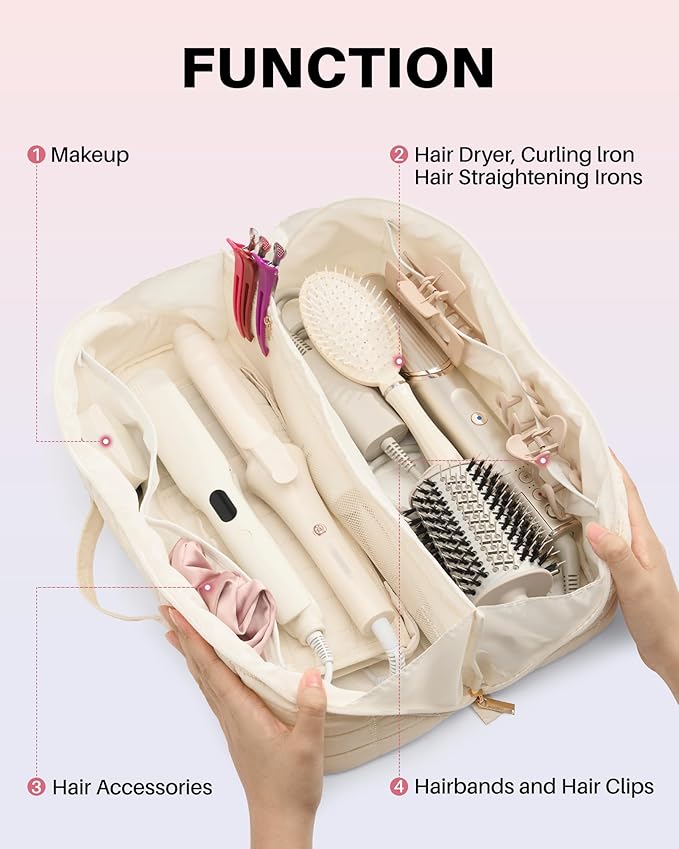 Hot Tools Travel Case with Heat Resistant Mat Pouch, Large Hair Tool Organizer Bag for Curling Iron Flat Iron Hair Dryer Hot Air Brush, Water Resistant Makeup Bag Gift for Women, Beige