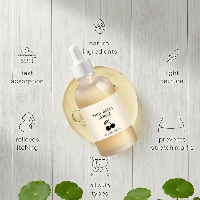 True Belly Serum with Cherry Extract, Pregnancy-Safe Skin Care Belly Oil for Stretch Marks, Supports Hydration, Belly Oil For Pregnant Women, 3.38 fl oz