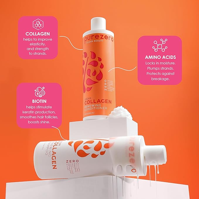 Purezero Collagen Silicone Free Shampoo & Conditioner Set - Strengthening & Hydrating - Duo for Dry or Damaged Hair – Plant-Based Collagen, Sulfate-Free, Paraben-Free, Cruelty-Free, 2 × 12 oz