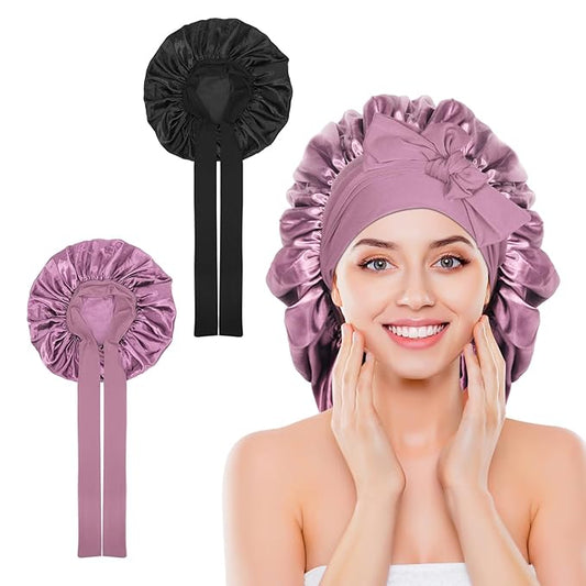 Arqumi 2 Pcs Satin Silk Bonnet for Sleeping Women, Large Long Strap Tie Band Adjustable Sleep Night Cap Hair Bonnet Wrap for Men, Black+Leather Red