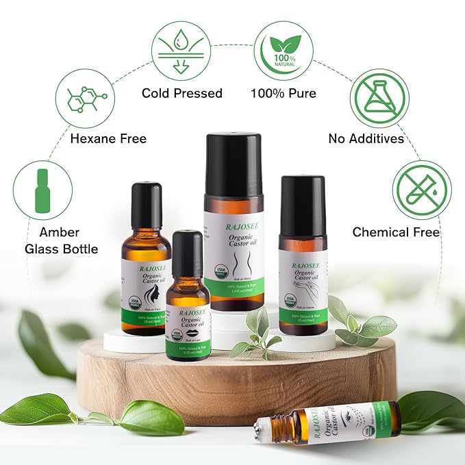 5 Pcs Castor Oil Roll on Set, Certified Organic Castor Oil Rolling for Skin Waist Back Leg Lip Eyebrow Hair, Cold Pressed Essential Oil in Glass Bottle