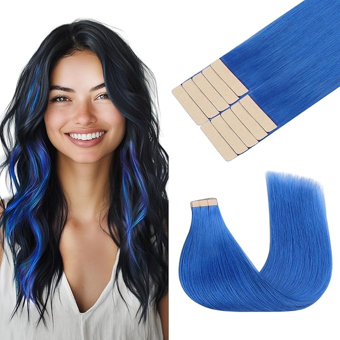 GOO GOO Tape in Hair Extensions Human Hair, Blue, 12inch 20g 10pcs, Colored Tape ins Human Hair Extensions, Silky&Soft Invisible Tape Ins, Hair Highlighted for Party