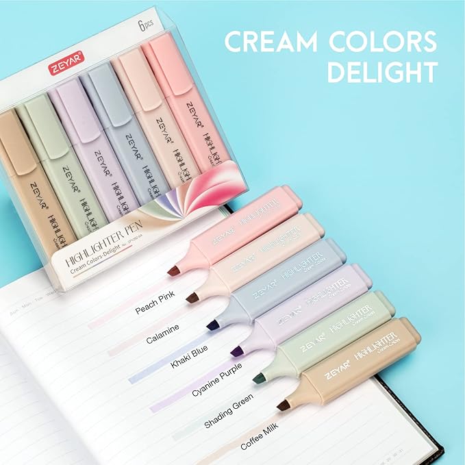 ZEYAR Highlighter Pen, Cream Colors Chisel Tip, Aesthetic Highlighter Marker, Water Based, Quick Dry, No Bleed, for Bible Study Notes School Office (6 Delight Colors)