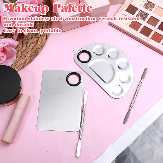 2 Set Makeup Mixing Palette with Spatula, Nail Art Palette Professional Makeup Palettes Tray Stainless Steel Cosmetic Artist Tool for Mixing Foundation Eye Shadow Eyelash Nail Art