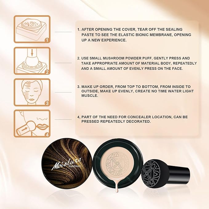 Mushroom Head Air Cushion CC Cream - New Upgraded BB Cream Face Makeup Foundation for Mature Skin Moisturizing Concealer Brighten Long-Lasting, Gold Packaging ((Buff Beige, 3.21 Ounce (Pack of 1))