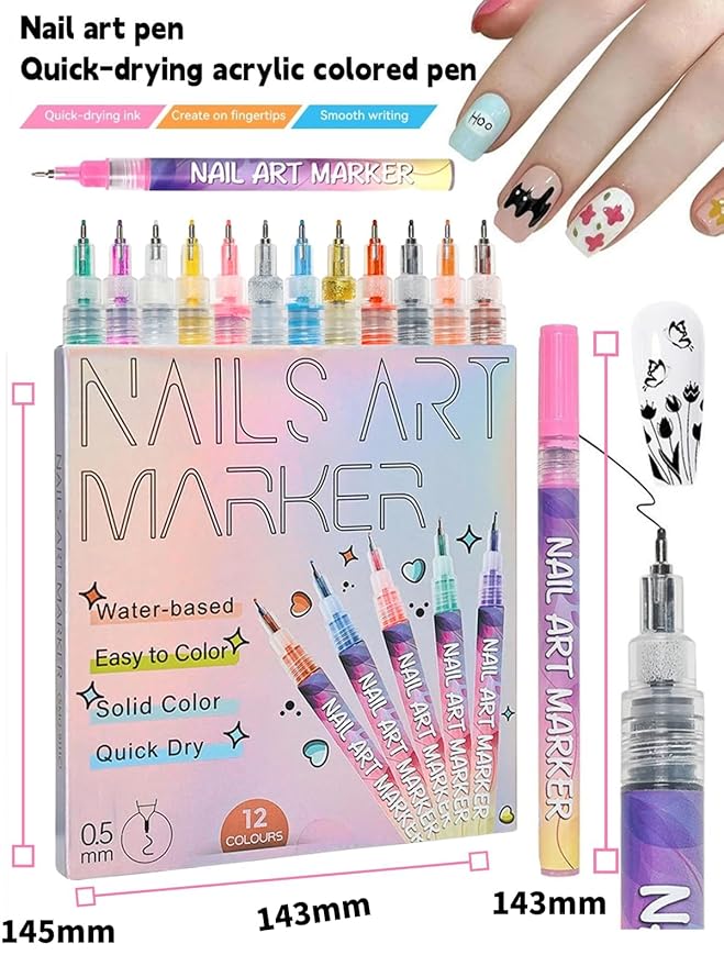 Waterproof Nail Art Pen,12/24Colors Nail art Pens Set, 3D Nail Art Marker Drawing Painting Liner Pen, 0.5mm Precision Tip, Quick Dry for Nails Art Design Manicure Nail DIY Decoration (24 Colors-B)
