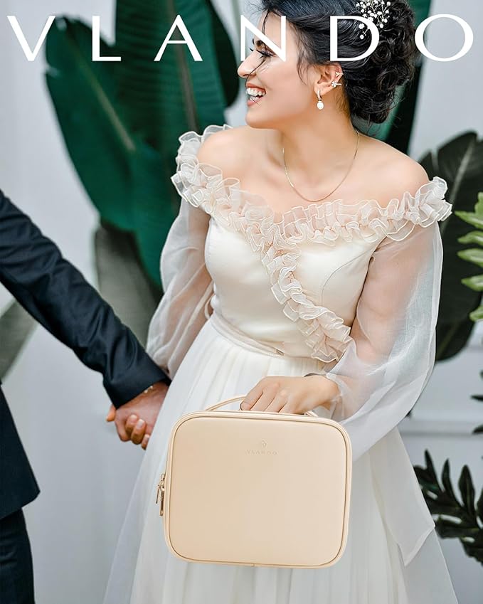 Vlando Travel Makeup Bag, Makeup Bag Organizer,Gift Ideas for Women Girls,Makeup Storgae Bag with Dividers and Handle,Gifts for Christmas,Birthday,Wedding Beige