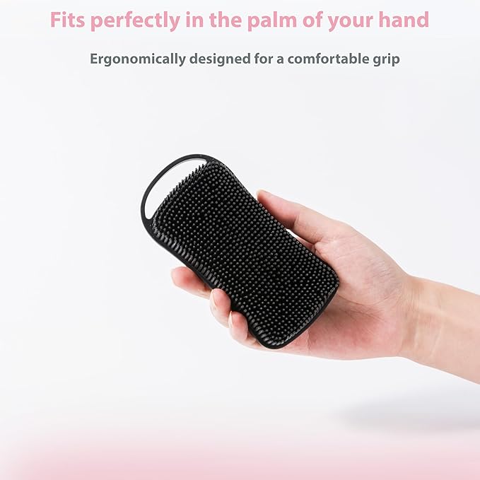 2 PC Silicone Body Scrubber, 2 in 1 Exfoliating Shower Bath Scrubber, Soft Silicone Loofah for Sensitive Skin, Shower Hair Scalp Massager, Easy to Clean, Lather Well (Black&Pink)