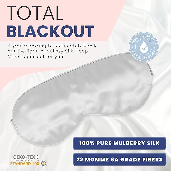 Blissy Silk Sleep Mask - Eye Sleeping Mask for Women & Men for Total Blackout - 100% Pure Mulberry Silk, 22 Momme 6a Fibers - Blindfold Sleep Mask Side Sleeper Eye Cover (Silver)