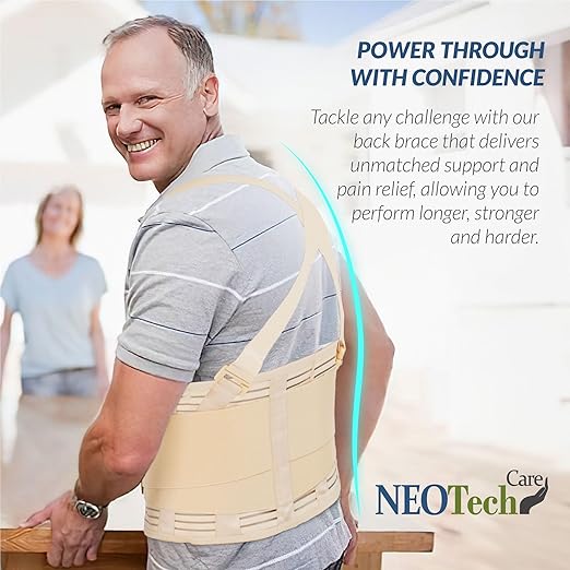 NeoTech Care Back Brace with Suspenders for Work - Industrial Lifting Safety, Elastic Compression, Hook & Loop Closure (Beige, Size XXL)