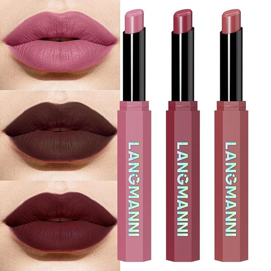 Jolilab 3Pcs Velvet Matte Lipstick Nude Matte Soft Dark Color Stick High Pigmented Long-Lasting Waterproof Lip Stick Lip Balm Beauty Cosmetics Gift for Women(Curated #3+11+12)