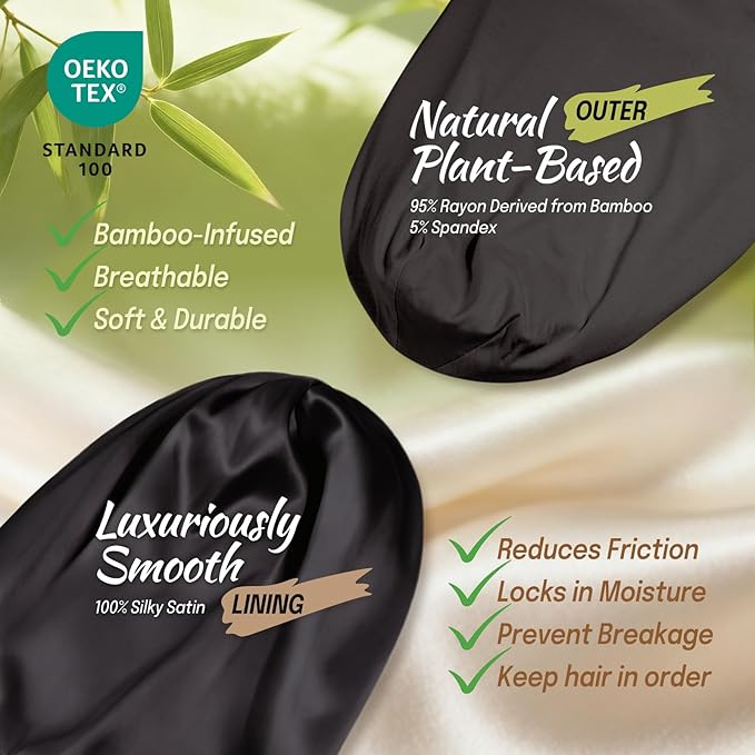 Large Satin Bonnet for Men Sleeping: Loc Cap Dreadlocks for Curly Braids Wave, Silky for Frizzy Hair Smooth, Adjustable No Slip Black