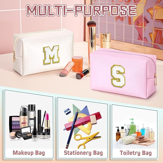 TOPEAST Preppy Makeup Bag, Small Cosmetic Travel Bags for Women, PU Leather Waterproof Toiletry Bag with Zipper, Personalized Birthday Gift for Women Girl, Preppy Gifts for Girl (White F)