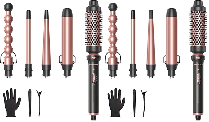 Wavytalk 5 in 1 Curling Wand Set, Multi Curl, Curling Wand Set with Thermal Brush and 4 Interchangeable Ceramic Curling Wand(0.5”-1.25”), Instant Heat Up Wand Curling Iron (Rose Gold) (Pack of 2)