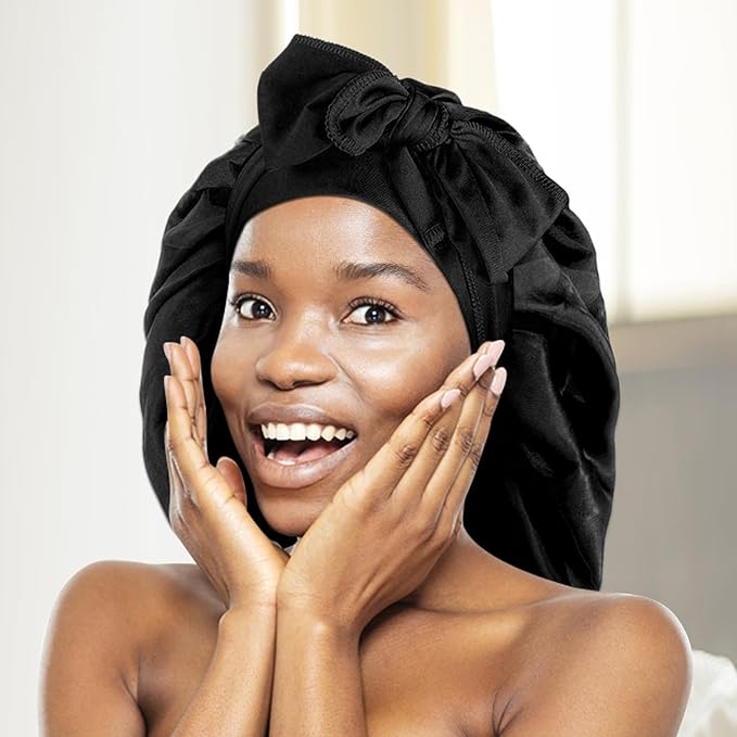 Arqumi Pack of 2 Satin Sleeping Bonnet, Large Sleep Bonnet with Long Strap, Adjustable Sleep Cap Hair Bonnet for Women & Men, Black+Pink