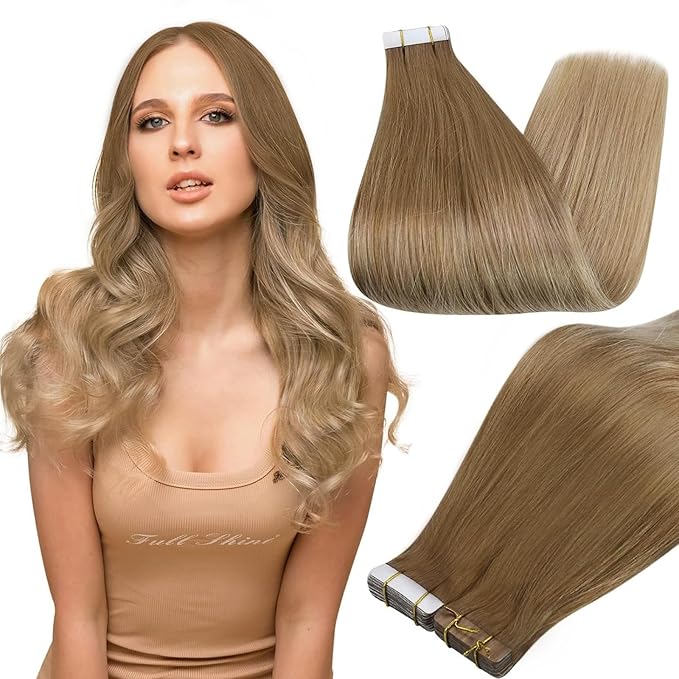 Full Shine Tape ins Invisible Tape in Hair Extensions Human Hair 18Inch Remy Glue in Hair Extensions Ombre Balayage Color 10/14 Golden Brown to Dark Blonde Seamless Skin Weft Hair Extension 20Pcs 50G