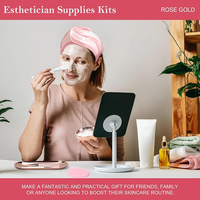 26 Rose Gold Esthetician Supplies Kits 3 Facial Bowls Large Spa Bowls 3 Fan Brushes Makeup 3 Face Mask Brushes Salon Tray 3 Section Skincare Tray 12 Face Sponge Compressed 2 Spa Headbands for Women