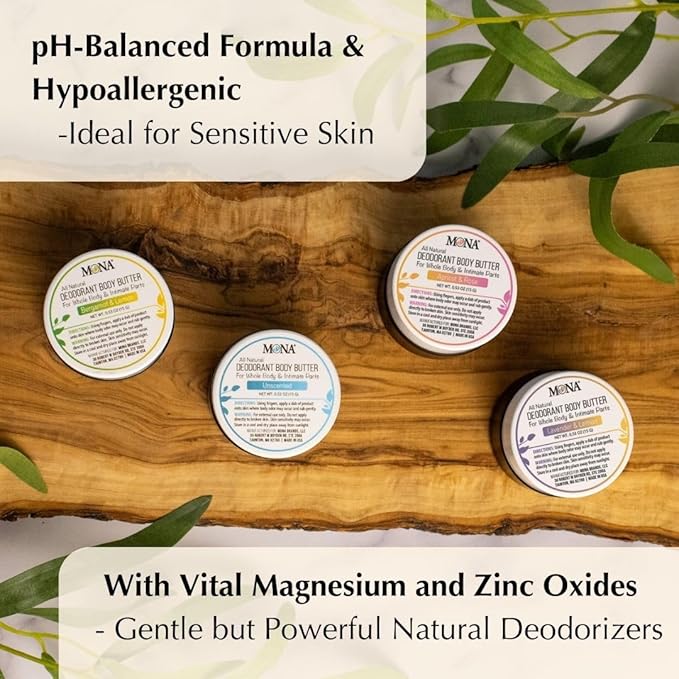 MONA Travel Size All Natural Whole Body Deodorant Cream for Women & Men | For Private Parts | Aluminum & Baking Soda Free | (4-PK Travel Size Combo (0.53 Oz each), Natural Scents)