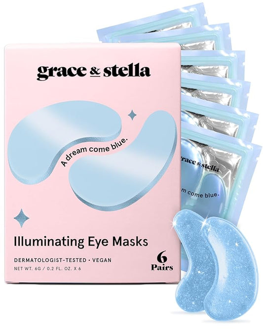 grace & stella Award Winning Under Eye Mask Reduce Dark Circles, Puffy Eyes, Undereye Bags, Wrinkles, Gel Under Eye Patches, Valentines Bags, Gifts Under 10 Dollars, Vegan (6 Pairs, Blue)