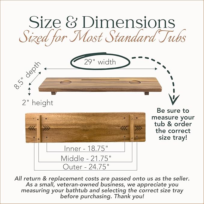 Premium Nature Shed Bathtub Tray for Standard Tubs | 29" Solid Acacia Luxury Bath Tray for Tub | Anti-Tip, Non-Toxic, Sustainable, Adjustable Bathtub Caddy | Bathroom Accessories Holders for Tub Tray
