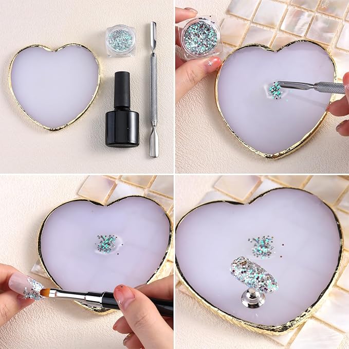 2 Pcs Resin Nail Art Palette, Heart Shaped Nails Art Painting Palettes with Gold Edge Nail Gel Polish Holder Makeup Display Board Cosmetic Mixing Tools Manicure DIY Home Salon Use