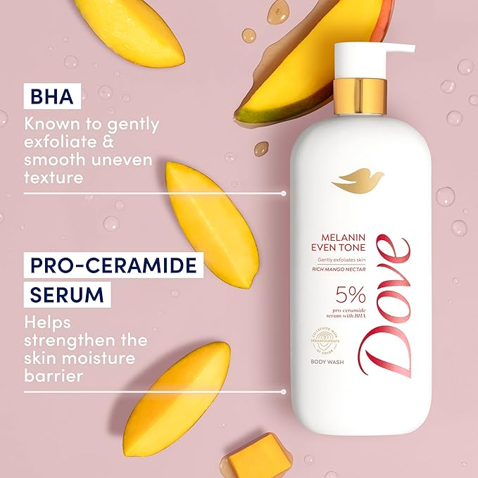 Dove Exfoliating Body Wash Melanin Even Tone Promotes Even Skin Tone 5% pro-ceramide serum with BHA 18.5 oz