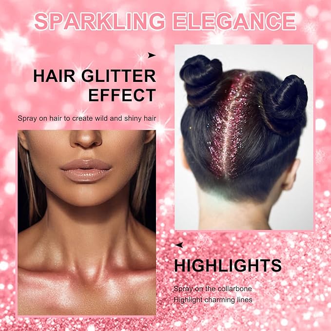Hair and Body Glitter Spray, 60ml Pink Glitter Hairspray Dry Powder Makeup for Clothes, Festival Rave Prom Loose Sparkle Powder,Holographic Ultra Fine Glitters for Crafts (Pink)