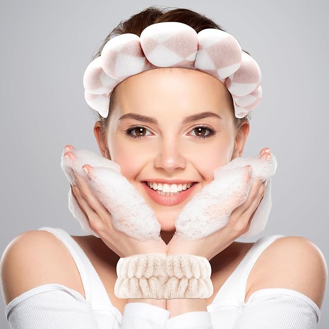 Zkptops Spa Headband for Washing Face Wristband Set Sponge Makeup Skincare Velvet Fabric Bubble Soft Get Ready Hairbands for Women Puffy Headwear Non Slip Thick Thin Hair Accessory (Checkered)