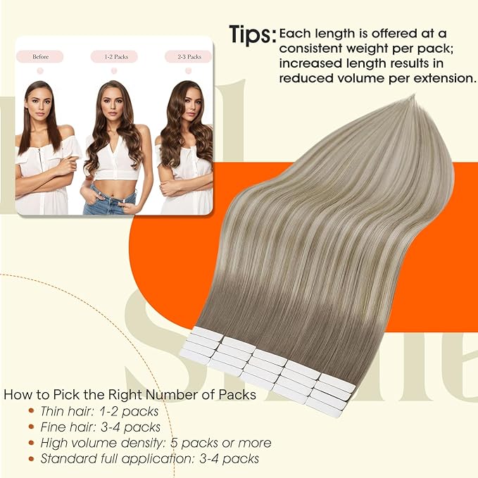 Full Shine Remy Tape Extensions Human Hair Color 19/8/60 Balayage Blonde Tape in Hair Extensions 20Inch Seamless Skin Weft 100G Long Extension Add Length for Natural Look 40Pcs