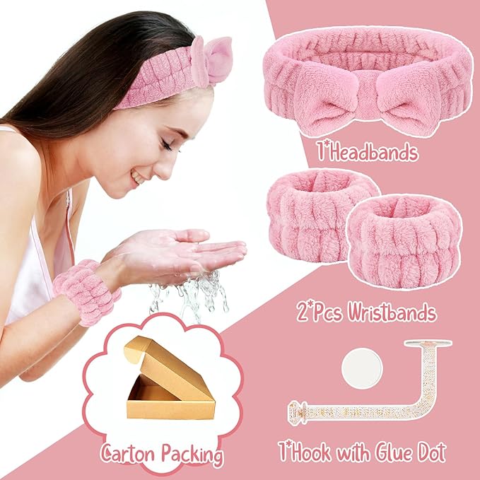 Face Wash Headband Set with Microfiber Wristbands and Holder - Absorbent Spa Wrist Scrunchies for Cleansing