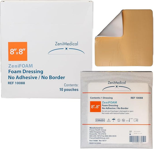 ZeniFOAM Polyurethane Foam Dressing 8" x 8" - No Border, No Adhesive, Sterile, Highly Absorbent for Heavy Wound Drainage, Non-Stick and Lint-Free Pad, Latex-Free, with Waterproof Backing (10pcs/Box)