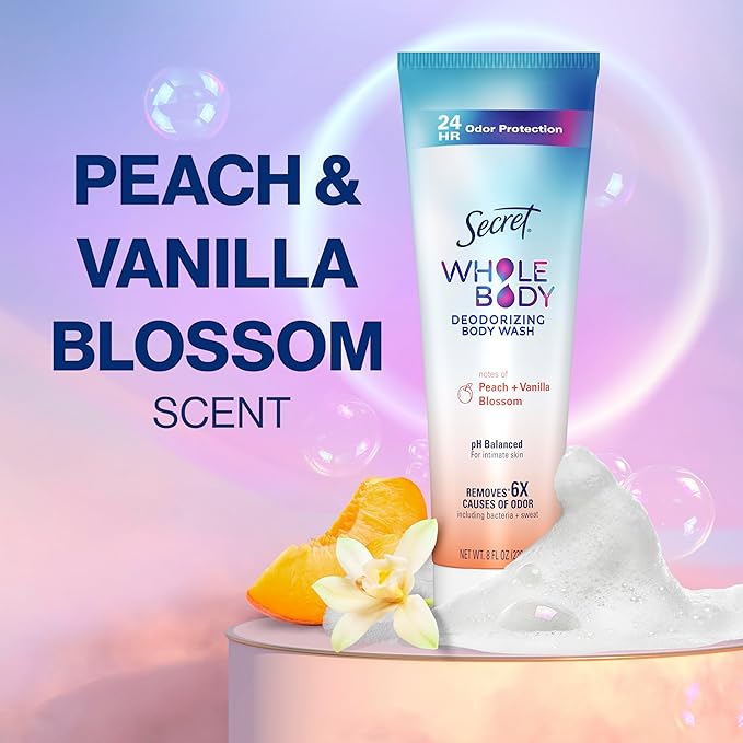 Secret Feminine Wash, 24 HR Deodorizing Feminine Body Wash for Women, Removes 6x Causes of Odor, PH Balanced, Safe to Use Everywhere, Peach & Vanilla Blossom Scent, 8.0 oz