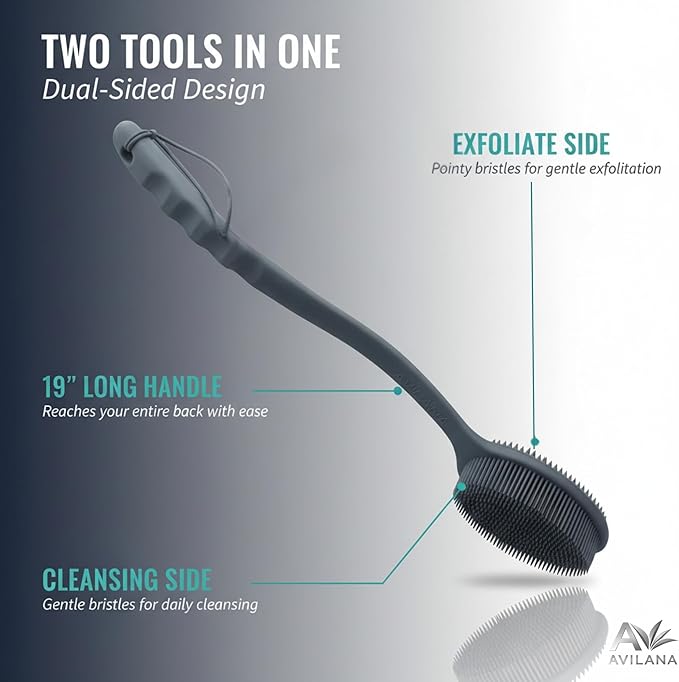 Avilana Premium Back Scrubber Long Handle 19 Inch - 8 Years Trusted Since 2017 - SGS Certified Silicone Bath Brush, Dual Sided Exfoliating Body Brush Extended Reach Back Washer Women Men Seniors Gift
