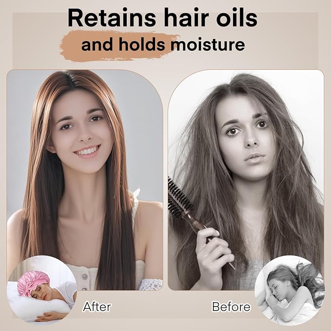 Arqumi 2 Pcs Satin Silk Bonnet for Sleeping Women, Large Long Strap Tie Band Adjustable Sleep Night Cap Curly Hair Bonnet Wrap for Braids Mother Girls Gifts, Black + Pink(Large, Polka Dot Pattern)