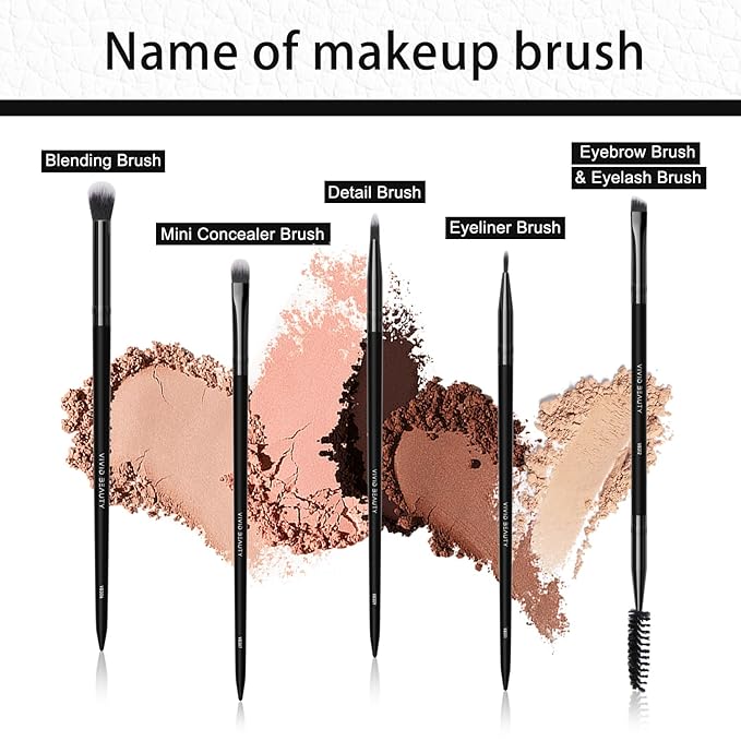 Eye Makeup Brush Set 5pcs, Small Makeup Brush for Eyeshadow, Eyeliner & Eyebrow – Thin Makeup Brush with Blending, Concealer, Detail & Dual-Ended Brow Brushes, Soft Bristles, Travel Makeup Kit (Black)