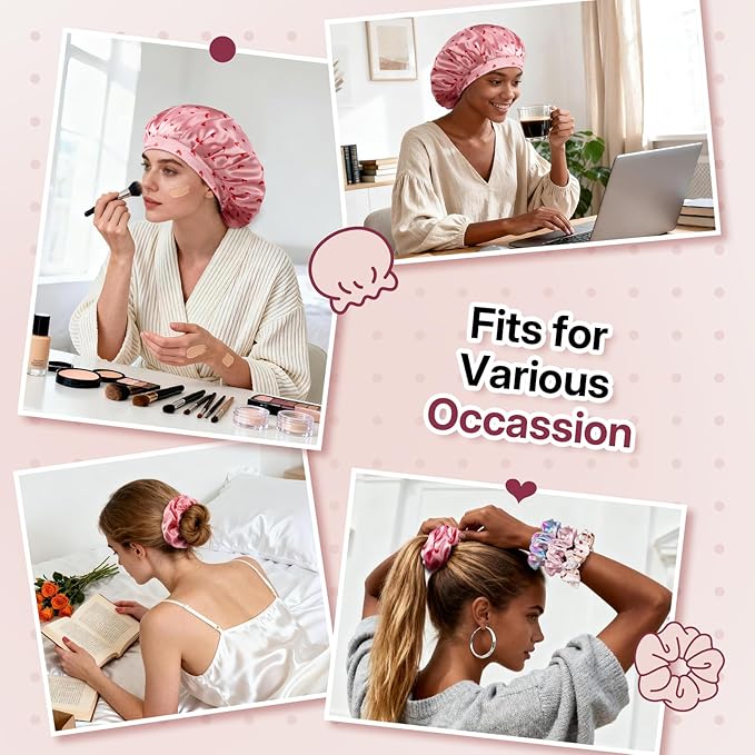 LitBear Silk Satin Bonnet for Sleeping Women, Adjustable Double Layer Hair Bonnet with Scrunchies for Curly Natural Hair, Non Slip Softer Night Sleep Cap