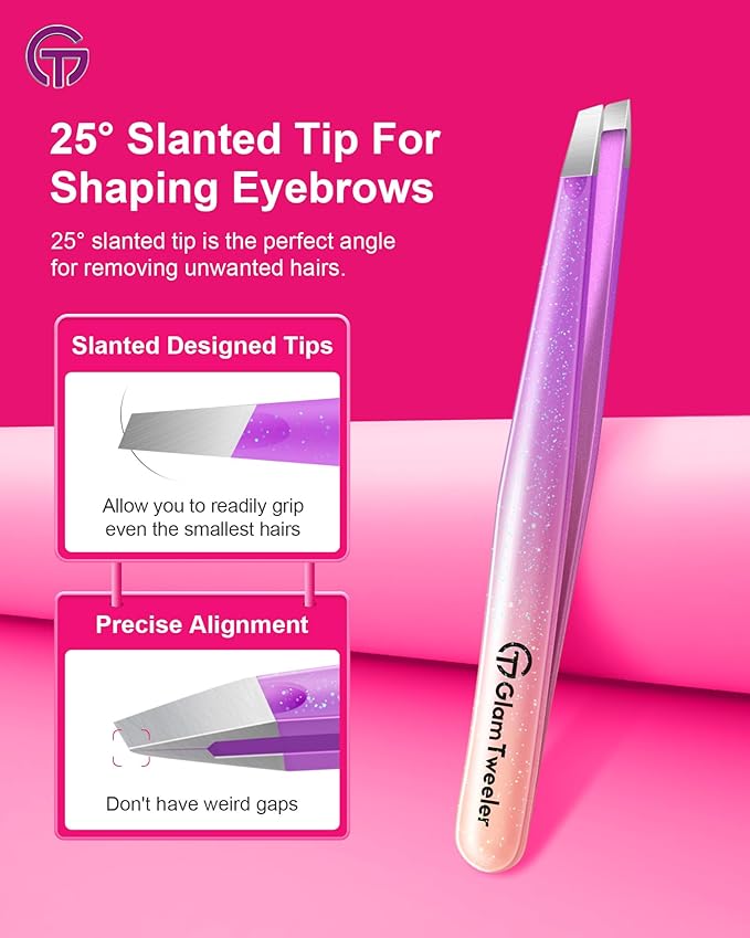 Expert Slant and Point Tip Tweezer Set with Exclusive Storage & Carrying Case, GlamTweeler Sharp & Precision Tweezer Set for Eyebrows, Facial Hairs and Fine Hairs Removal (Sparkle Violet + Silver)
