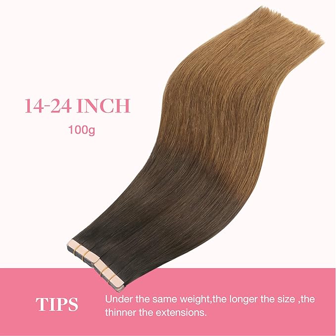 GOO GOO Tape in Hair Extensions Human Hair, 1D/2C/4E Chocolate Dip Color Melt, 14inch 100g 40pcs, Skin Weft Seamless Invisible, Silky Straight with Thick Ends, Remy Human Hair